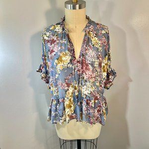 Umgee Boho top, multi color floral print on blue, size S but fits S, M, L